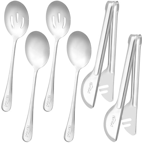HANSGO 6PCS Stainless Steel Serving Utensils Set, Large Serving Spoons, Slotted Spoons, Metal Tongs for Appetizer, Salad, Reusable Utensils Set for Buffet Catering Banquet Wedding Party Outdoor Events