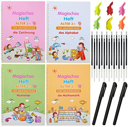 YAMMI Återanvändbar stor handskriftsövning, 4-pack magisk övningsbok, verktyg för inlärning, skrivböcker med pennpåfyllningar (10,3 tum x 7,7 cm) (medelstorlek)