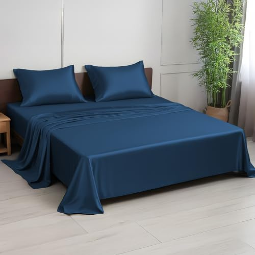 LINENWALAS Set di lenzuola in bambù di alta qualità, 4 pezzi, 100% biologiche, morbide, traspiranti, con lenzuolo con angoli, lenzuolo piano e federa (matrimoniale, blu navy)