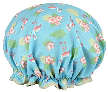 1 Packung Duschhaube für Frauen, öldichte Kappen, doppellagig, wasserdicht, wiederverwendbar, Badekappen mit gerüschtem Rand, für Mädchen, Frauen, Damen, Kinder (hellblauer Flamingo)