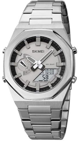 SKMEI Reloj analógico de acero inoxidable para hombre, de doble pantalla, con luminoso, resistente al agua hasta 30 m, reloj deportivo multifuncional para hombre, 1816, Blanco plateado, Clásico