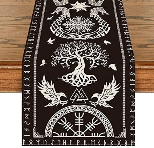 Artoid Mode Black Viking Tree of Life Raven Helm of Awe Table Runner, Seasonal Kitchen Dining Table Decoration for Home Party Decor 40x140 cm