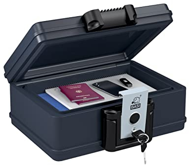 BASI | Feuerfeste und Wasserdichte Dokumentenbox | Sicherheitskassette aus Kunststoff | abschließbar 2 Schlüssel | mit Tragegriff | Volumen 4,9 Liter | L35,4 x B28,2 x H15,4 cm | Small