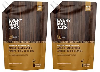 Every Man Jack Amber + Sandalwood Mens Body Wash Refill Starter Pouch - Cleanse, Nourish, and Hydrate Skin - Naturally Derived Ingredients - Paraben Free, Phthalate Free, Dye Free - (2-36oz pouches)