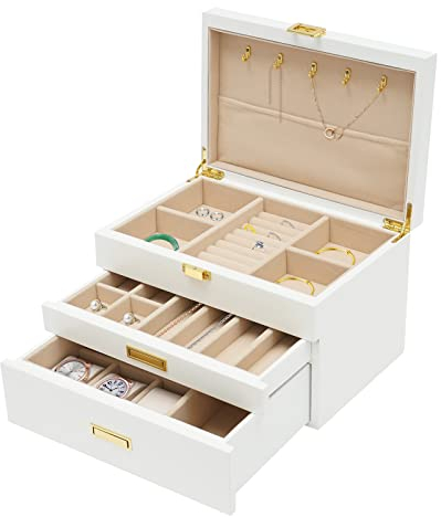 3-lagers smyckeskrin av trä, smyckesförvaring, smyckeskrin, förvaringslåda i massivt trä med lås och spegel för smycken, halsband, ringar, örhängen, förvaringsbox, vit