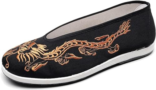 GHAKKE Dragon Embroidered Tai Chi Martial Art Kung Fu Shoes Unisex Traditional Chinese Old Beijing Cloth Shoes Slip Ons Nonslip Breathable Rubber Sole Shoes (Color : Gold, Size : 7.5 UK)