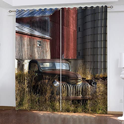 Vorhang Blickdicht Gardinen Mit Ösen - 2 Stücke 140(B) X160(H) cm Verdunklungsvorhänge 3D Retro Rotes Auto Muster Thermovorhang Für Kinderzimmer Schlafzimmer Weihnachtsgardinen
