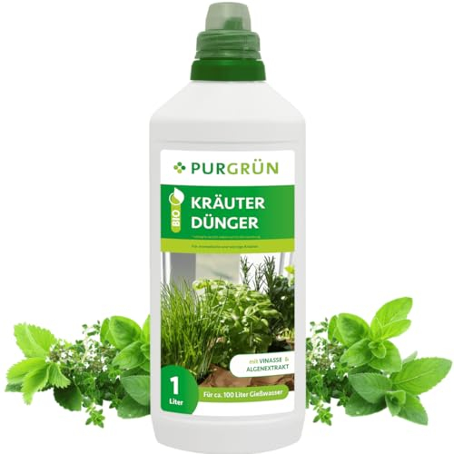 Purgrün® Bio-Kräuterdünger 1 Liter – Für ein intensives Aroma – Premium-Flüssigdünger für den Bio-Anbau – Extra Kalium für gesundes Kräuter – Ergiebiges Konzentrat für 100 Liter Gießwasser