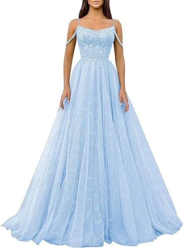Generic Glitzernde Pailletten-Abschlussballkleider SpaghettiträGer Glitzer-TüLl,Formelle Ballkleider Schulterfreies A-Linien-Partykleid FüR Frauen Light Blue L