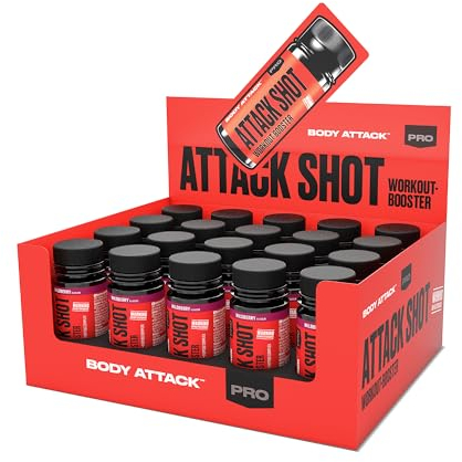 Body Attack Pre Workout Booster Shot Wildberry - 20 x 60 ml - Attack Shot mit Koffein, Taurin, Beta-Alanin, L-Tyrosin & L-Citrullin - Energy Drink to go für intensive Workouts
