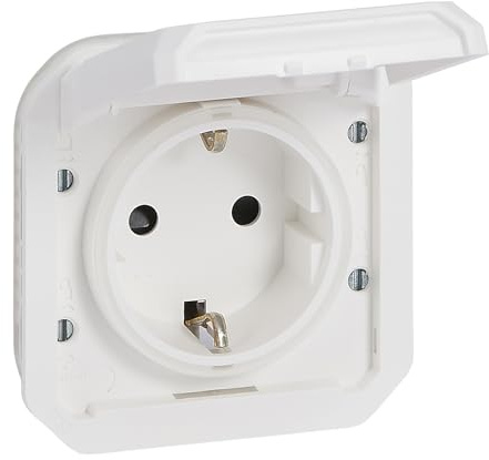 LEGRAND, Plexo New Einsatz, Feuchtraum-Steckdose, Schuko-Standard, inkl. Klappdeckel, Berührungsschutz, Schraubklemmen, 16A, 250 Volt, IP44 - IK08 (IP55 bei geschlossenem Deckel), UltraWeiß, 069639L