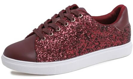 Feversole Women's Shiny Featured PU Leather Tonal Colorful Lace-Up Fashion Trainer Shiny Burgundy Size 6
