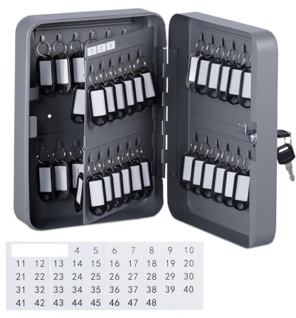 Relaxdays Schlüsselkasten, abschließbar, 48 Haken, mit Schlüsselanhängern, HxBxT: 25 x 18 x 8 cm, Schlüsselbox, grau