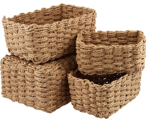 MAKTSAM Set of 4 Wicker Storage Basket Set, Small Wicker Hamper, Multifunctional Woven Storage Baskets for Home Office