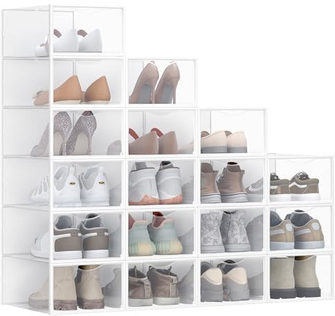 SONGMICS Boîtes à Chaussures, Organisateurs en Plastique, avec Porte, Lot de 18, Empilables, Montage Facile, 33,2 x 23 x 14,5 cm, pour Pointure jusqu'à 43, Transparentes et Blanc Nuage LSP318W01