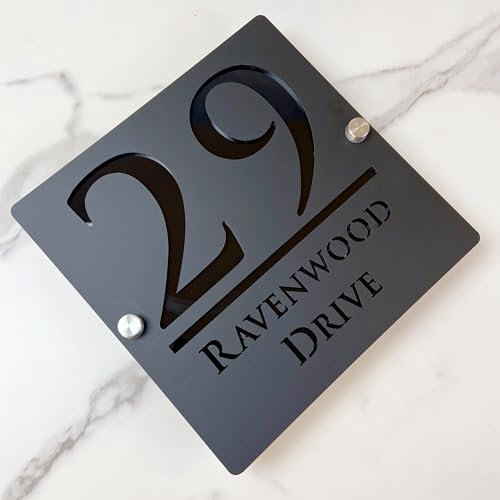 Panneau de numéro de maison suspendu creux 3D acrylique personnalisé avec nom de rue fontaine moderne | Panneau d'adresse de magasin plaque de porte (noir noir)