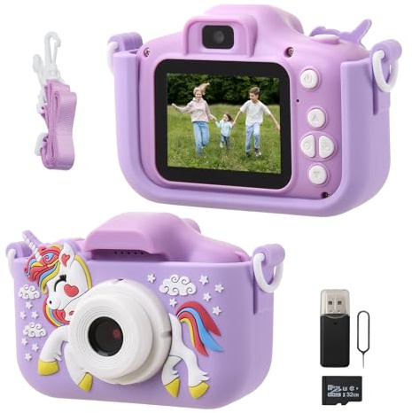 Warmiehomy Unicorn Kids Camera, 2.0 Inch HD Screen Children’s Camera with 32GB Card & Reader, Purple Educational Toy & Birthday Gift for Girls Ages 3-12