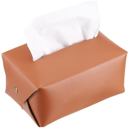 sourcing map Funda para caja de pañuelos con botón, soporte rectangular de piel sintética, dispensador de papel de seda facial para mesa, baño, dormitorio, cocina (marrón, 6.7 x 4.3 x 3.1 pulgadas)