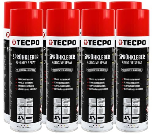 TECPO Sprühkleber 8x 500ml, Industriekleber, Stark haftend, Schnelle Trocknung, Hohe Temperaturbeständigkeit, Vielseitig für Textilien, Leder, Schaumstoffe, Dämmmaterialien, PVC, Papier