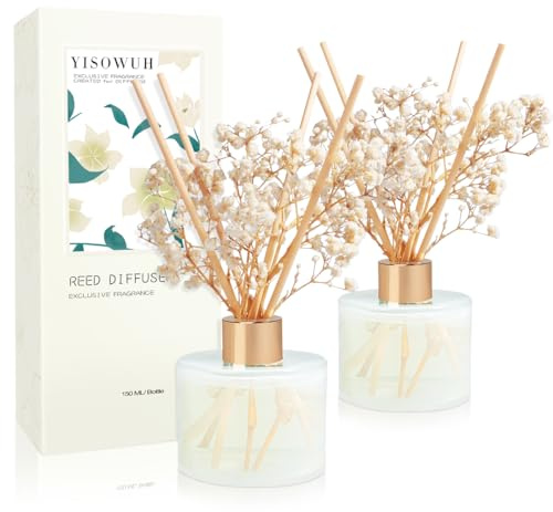YISOWUH Difusor de Varillas - jazmín Blanco 5,28 oz (150 ml) 2 Unidades Difusor de aceites Esenciales con 16 Varillas, Fragancia Duradera para el hogar, el baño y la decoración de la habitación