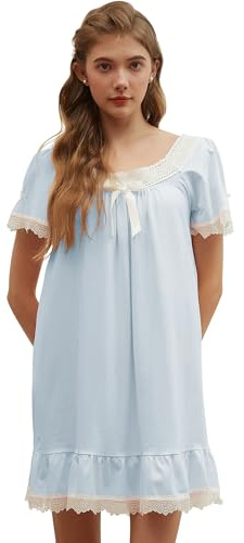 Nanxson bomull nattlinne kvinnor kort/långärmad vintage sovskjortor, Kort-blå, S
