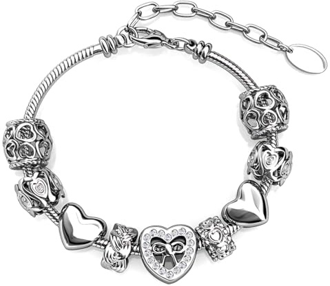 MGJ™ Women's Heart Charm Bracelet with Austrian Crystals – Hypoallergenic Jewellery Gift in Silver, Rose Gold & Gold (Silver)
