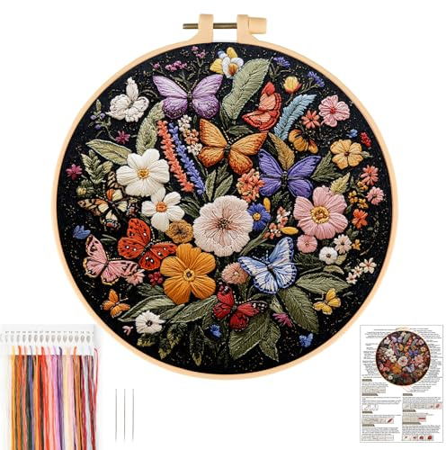 JSRQT Farfalla Kit Ricamo Starter per Adulto Principianti,Fiore Set da Ricamo Punto Croce,DIY Kit Cucito A Mano Embroidery Starter
