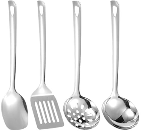 4-Teiliges Küchenhelfer Set Edelstahl, HitzebeständigerSpülmaschinenfest | Enthält Spatel, Suppenkelle, Schaumlöffel, Schlitz Spatel, KüChenutensilien Set Edelstahl für Zuhause, Restaurant