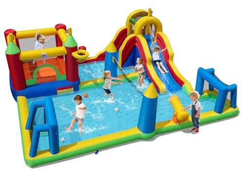 COSTWAY Hüpfburg mit Wasserrutsche, Planschbecken, Kletterwand, Basketballkorb, Sprungbereich, Volleyballnetz & Fußballtoren, Wasserhüpfburg für Kinder, Wasserpark für Außenbereich, 500 x 410 x 190 cm