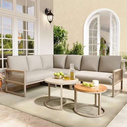 Wyibwy Juego de muebles de jardín para 6-7 personas, sofá esquinero con estructura de hierro galvanizado, patas ajustables, incluye todos los cojines de asiento y respaldo, color beige