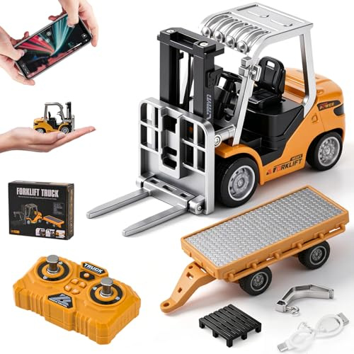 LTFIOON Mini Carrello Elevatore Giocattolo in Metallo con Rimorchio, 1:64 Carrello Elevatore Telecomandato con App e Telecomando 2,4 GHz, 3 Velocità, Forche, Gancio e Pallet, Veicolo da Cantiere RC