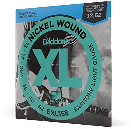 D'Addario Gitarrsträngar - XL Nickel Strings för elgitarr - EXL158 - Perfekt intonation, jämn känsla, pålitlig hållbarhet - För 6-strängade gitarrer - 13-62 Light Baritone
