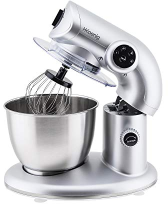 H.Koenig Robot Pétrin Professionnel Multifonctions 5.5L KM80 Inox Gris, Puissant, 1000W, Robot Cuisine 4 Vitesses, Couvercle anti-éclaboussure