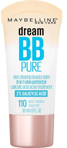 Maybelline Dream Pure Skin Clearing BB Cream, 8-in-1 Skin Perfecting Beauty Balm With 2% Salicylic Acid, Sheer Tint Coverage, Oil-Free, Light/Medium, 1 Count