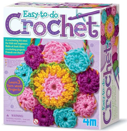 4M: Easy-to-Do Crochet - DIY Knitting Craft Kit, Learn 3 Yarn Work Projects, Create Coasters-Mini Bag-Placemat, All-in-1 Set, Beginners & Kids Ages 8+