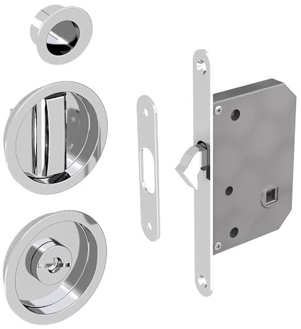WC Hakenschloss Set für Schiebetüren, runde Türrosette mit Griffmulde, Badezimmerschloss, Einsteckschloss, silber verchromt