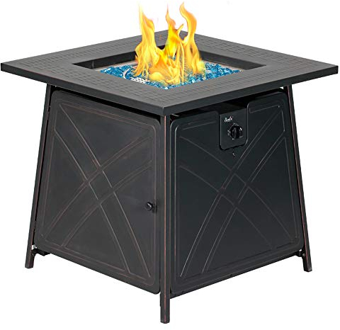 BALI OUTDOORS Gas-Feuerstellentisch, 71,1 cm, 50.000 BTU, quadratischer Propangas-Feuerstellentisch für den Außenbereich, mit Deckel und blauem Feuerglas