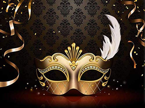 Dudaacvt 8x6FT Masquerade Backdrop Black Gold Venetian Mask Background for Party Prom Gala Birthday Ball Decorations Photo Booth Props