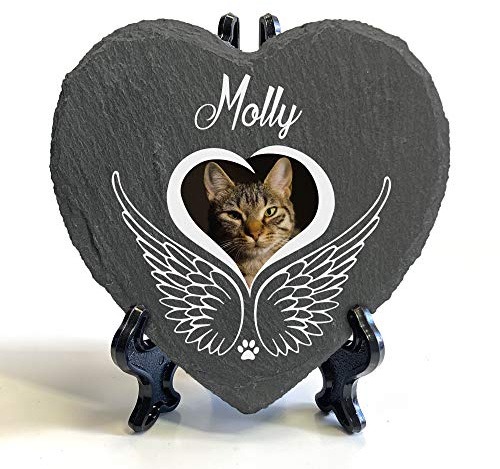 TULLUN Individueller Personalisiert Herzform Tiergrabstein Schiefer Gedenkstein + Ständer für Hund, Katze und andere Haustiere Tiere - Größe | 10 x 10 cm | - Engelsflügel