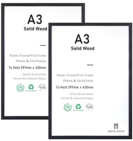ATOBART A3-Zertifikat-Bilderrahmen, Schwarz, 29,7x42 cm, 2er-Pack | 2er-Pack schwarzer Holz-Bilderrahmen mit Plexi-glass für Wandmontage-Display, 29,7x42 cm, 2er-Set