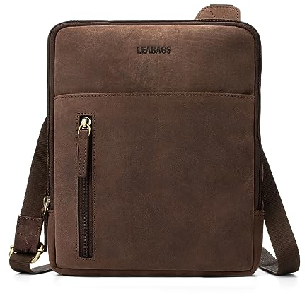 LEABAGS Messenger Bag Kalkutta, Echtleder Umhängetasche Herren, Leder Tablettasche Männertasche mit Schultergurt, Leder handgefertigt Herren Ledertasche für Arbeit Reise Alltagsleben