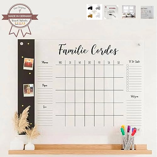 Wunsch Kalender - personalisierter Wandkalender - 3-Namen Familienplaner mit Magnetboard - wiederverwendbarer Kalender aus Acrylglas - Familienplaner abwischbar - Hingucker für jeden Raum