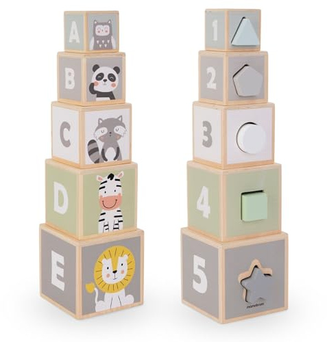 mamabrum Torre in Legno con Cubi: Selezionatore di Forme, Numeri, Alfabeto e Animali | Set di 5 Cubi Impilabili per Bambini