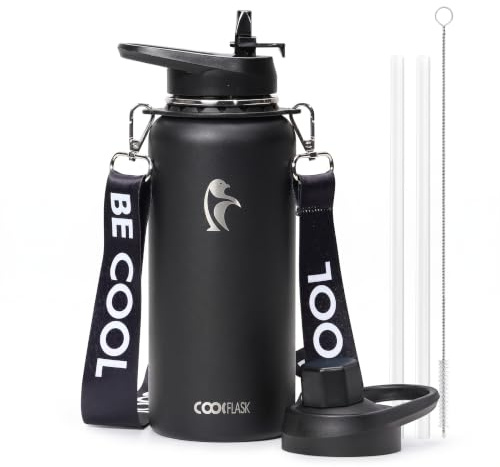 Coolflask Borraccia termica in acciaio inox con isolamento 1 L e tracolla | Borraccia inox 1,2L 3 strati, freddo 48h, con cannuccia e beccuccio, antiperdita, lavabile, BPA-free, leggera per palestra