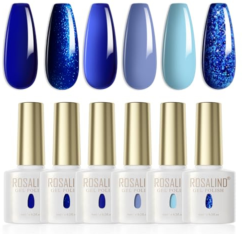 ROSALIND UV Nagellack Blau,6 Farben Marineblau Dunkelblau Himmelblauer Ozean Kobaltblau Funkeln Diamanten Glitzer Sommer Frühling Gelnägel Soak Off UV LED Gel lack Nail Polish