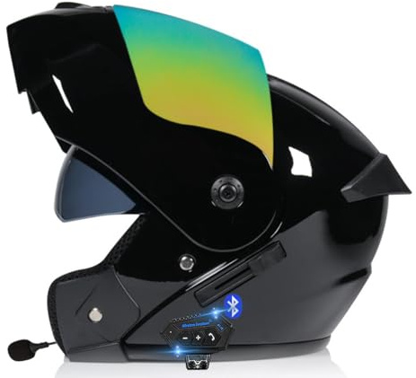 RQTEUYE Bluetooth Casques Modulables Moto ECE Homologué, Casque Moto Rabattable Casque IntéGraux Double VisièRe Microphone Double Haut-Parleur pour Hommes Femmes Adultes S-XL (21.6-24.4in)