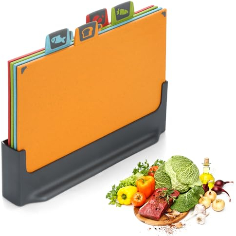 BEWOS Set 4 Taglieri Cucina Codificati Colore, Taglieri Paglia Grano, Tagliere Reversibile con Supporto, Set Taglieri Cucina con Piedini Antiscivolo, Scanalature per Succo, Lavabile in Lavastoviglie