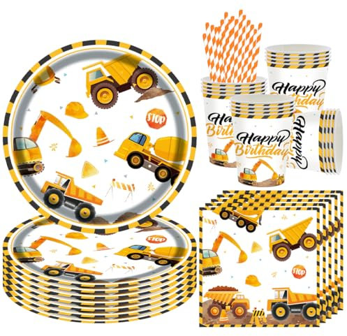 68 Pezzi Veicolo Cantiere Stoviglie Compleanno, Decorazioni Compleanno Veicolo Cantiere, Addobbi per Feste Bambino Include Piatti Tazze Tovaglioli