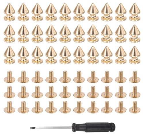 QUARKZMAN 50er Set Leder Nieten 12 mm x 8 mm Schraubnieten Doppelkappe Hohlnieten Spitznieten Zubehör mit Schraubendreher Metall Rücknieten für Gürtel Dekoration Kleidung (Kupfer Gold)