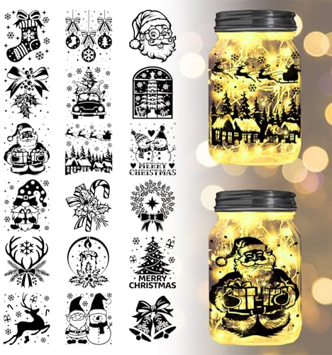 GLOBLELAND 18 Sheets Christmas Transfer Stickers 3.9x3.6inch Santa Claus Decals Stickers Snowman Rub on Transfer for Furniture Vase Glass Mason Jars Decorations Art Crafts